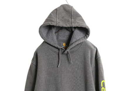カーハート 袖 プリント スウェット フード パーカー メンズ M CARHARTT トレーナー 裏起毛 プルオーバー ミドルウェイト チャコールグレー