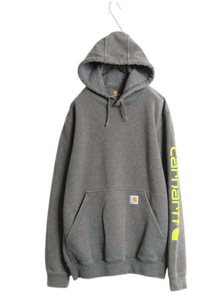 カーハート 袖 プリント スウェット フード パーカー メンズ M CARHARTT トレーナー 裏起毛 プルオーバー ミドルウェイト チャコールグレー