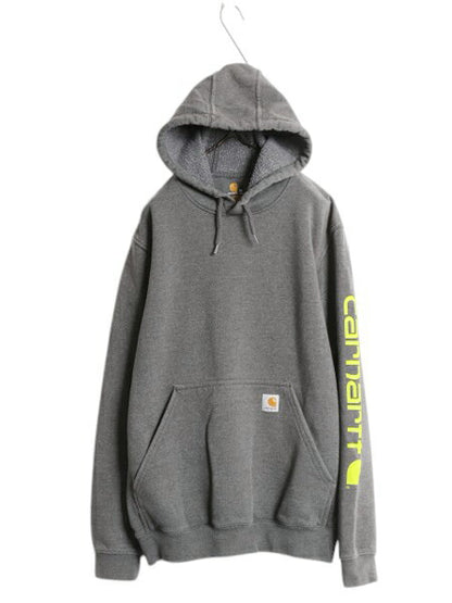 カーハート 袖 プリント スウェット フード パーカー メンズ M CARHARTT トレーナー 裏起毛 プルオーバー ミドルウェイト チャコールグレー
