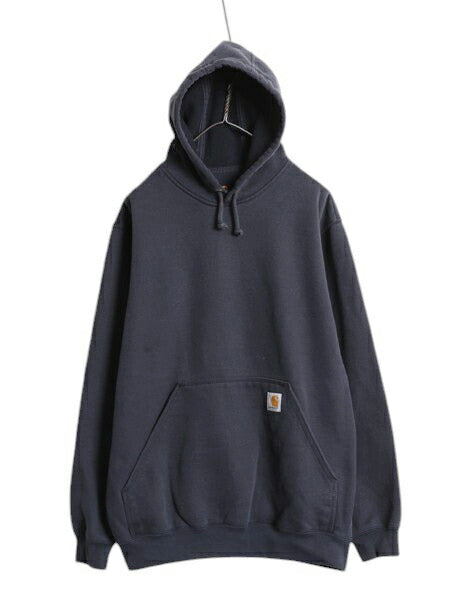 カーハート スウェット フード パーカー メンズ M / 古着 CARHARTT トレーナー ミドルウェイト プルオーバー 裏起毛 ワンポイント ネイビー