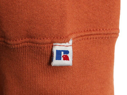 90s ラッセル ワンポイント ロゴ 刺繍 スウェット メンズ レディース L オールド トレーナー 前V 裏起毛 クルーネック シンプル テラコッタ