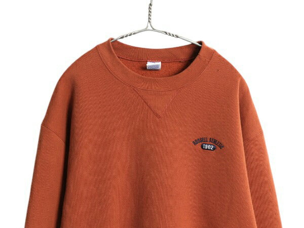 90s ラッセル ワンポイント ロゴ 刺繍 スウェット メンズ レディース L オールド トレーナー 前V 裏起毛 クルーネック シンプル テラコッタ