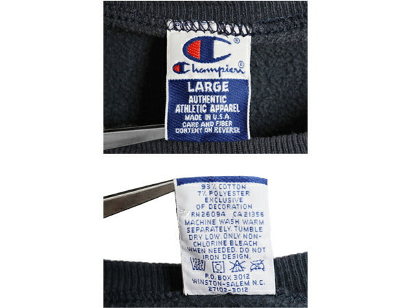 90s USA製 チャンピオン ワンポイント スウェット メンズ レディース L  古着 オールド 裏起毛 トレーナー ロゴ 刺繍 前V 目付き ネイビー
