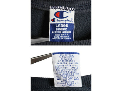 90s USA製 チャンピオン ワンポイント スウェット メンズ レディース L  古着 オールド 裏起毛 トレーナー ロゴ 刺繍 前V 目付き ネイビー