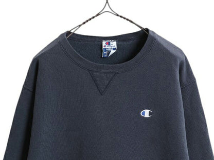 90s USA製 チャンピオン ワンポイント スウェット メンズ レディース L  古着 オールド 裏起毛 トレーナー ロゴ 刺繍 前V 目付き ネイビー