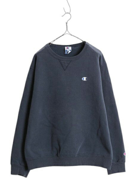 90s USA製 チャンピオン ワンポイント スウェット メンズ レディース L  古着 オールド 裏起毛 トレーナー ロゴ 刺繍 前V 目付き ネイビー