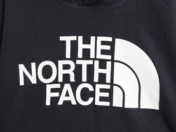 ノースフェイス プリント スウェット フード パーカー メンズ L 古着 The North Face 裏起毛 プルオーバー トレーナー アウトドア ネイビー