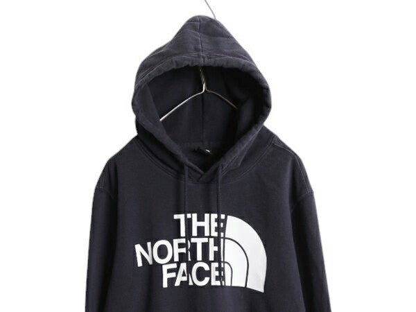 ノースフェイス プリント スウェット フード パーカー メンズ L 古着 The North Face 裏起毛 プルオーバー トレーナー アウトドア ネイビー