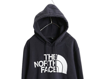 ノースフェイス プリント スウェット フード パーカー メンズ L 古着 The North Face 裏起毛 プルオーバー トレーナー アウトドア ネイビー