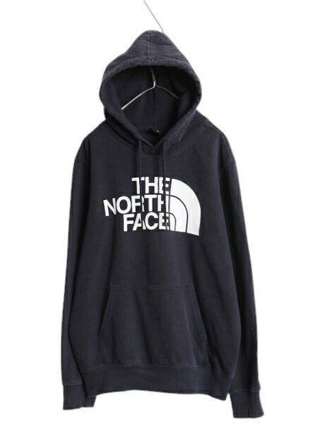 ノースフェイス プリント スウェット フード パーカー メンズ L 古着 The North Face 裏起毛 プルオーバー トレーナー アウトドア ネイビー