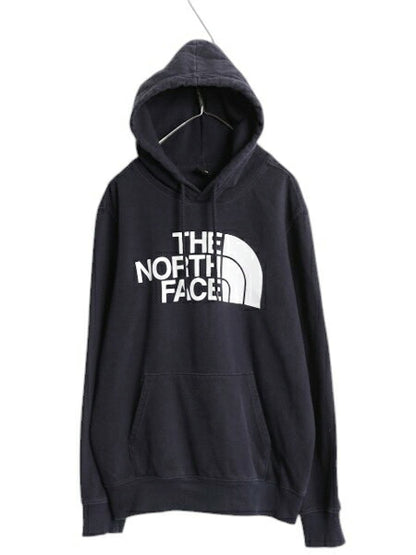 ノースフェイス プリント スウェット フード パーカー メンズ L 古着 The North Face 裏起毛 プルオーバー トレーナー アウトドア ネイビー