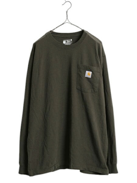 カーハート ポケット付き 長袖 Tシャツ メンズ L / ヘビーウェイト ロンT ポケT ロングスリーブ ワンポイント クルーネック カーキグリーン