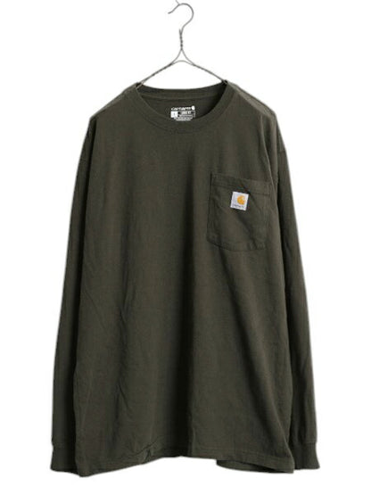 カーハート ポケット付き 長袖 Tシャツ メンズ L / ヘビーウェイト ロンT ポケT ロングスリーブ ワンポイント クルーネック カーキグリーン