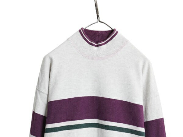 80s USA製 エルエルビーン モックネック ボーダー 長袖 Tシャツ メンズ レディース M ヴィンテージ ロンT ラガーシャツ ヘビーウェイト 灰