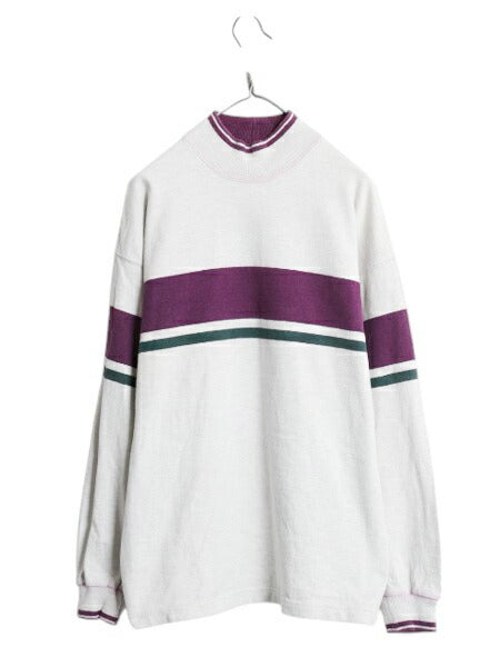 80s USA製 エルエルビーン モックネック ボーダー 長袖 Tシャツ メンズ レディース M ヴィンテージ ロンT ラガーシャツ ヘビーウェイト 灰