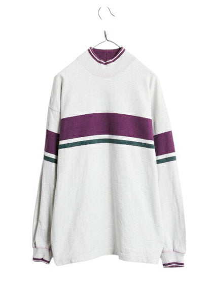 80s USA製 エルエルビーン モックネック ボーダー 長袖 Tシャツ メンズ レディース M ヴィンテージ ロンT ラガーシャツ ヘビーウェイト 灰