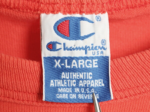 90s USA製 チャンピオン ワンポイント 半袖 Tシャツ メンズ XL / オールド 100% コットン ヘビーウェイト 目付き スクリプト ロゴ オレンジ