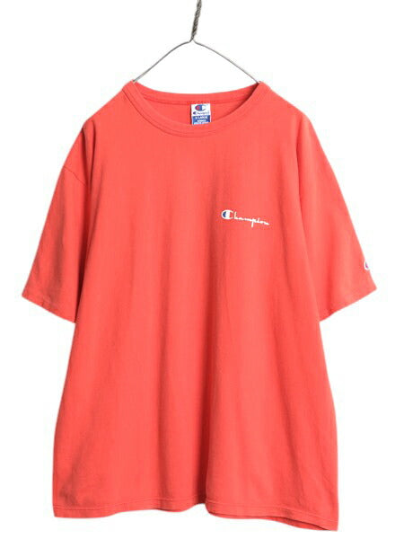 90s USA製 チャンピオン ワンポイント 半袖 Tシャツ メンズ XL / オールド 100% コットン ヘビーウェイト 目付き スクリプト ロゴ オレンジ