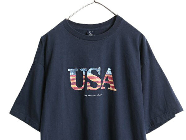 00s USA製 オールド ギャップ プリント 半袖 Tシャツ メンズ レディース XL クルーネック 星条旗 グラフィック カットソー 大きいサイズ 紺