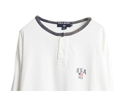 90s USA製 ポロスポーツ ラルフローレン ヘンリーネック 長袖 リンガー Tシャツ メンズ XL / オールド ポロ 星条旗 シングルステッチ ロンT