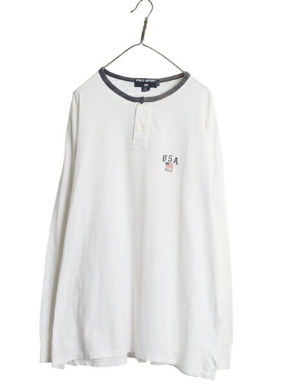 90s USA製 ポロスポーツ ラルフローレン ヘンリーネック 長袖 リンガー Tシャツ メンズ XL / オールド ポロ 星条旗 シングルステッチ ロンT