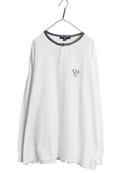 90s USA製 ポロスポーツ ラルフローレン ヘンリーネック 長袖 リンガー Tシャツ メンズ XL / オールド ポロ 星条旗 シングルステッチ ロンT