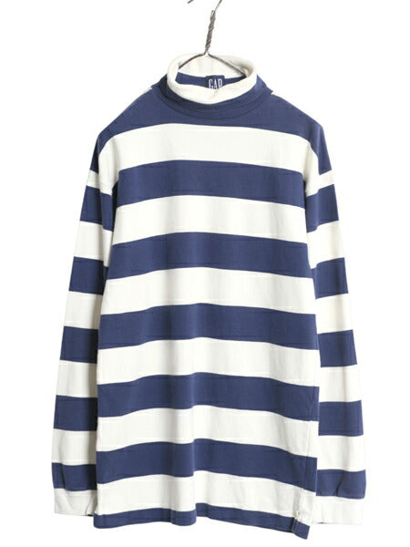 90s オールド ギャップ タートルネック ボーダー 長袖 Tシャツ メンズ XL / ロンT スムース コットン シングルステッチ 大きいサイズ 厚手