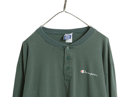 90s USA製 チャンピオン ヘンリーネック 長袖 Tシャツ メンズ XL / オールド ロンT アンダーシャツ ロングスリーブ スクリプト ロゴ 目付き