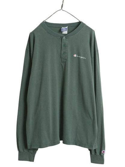 90s USA製 チャンピオン ヘンリーネック 長袖 Tシャツ メンズ XL / オールド ロンT アンダーシャツ ロングスリーブ スクリプト ロゴ 目付き