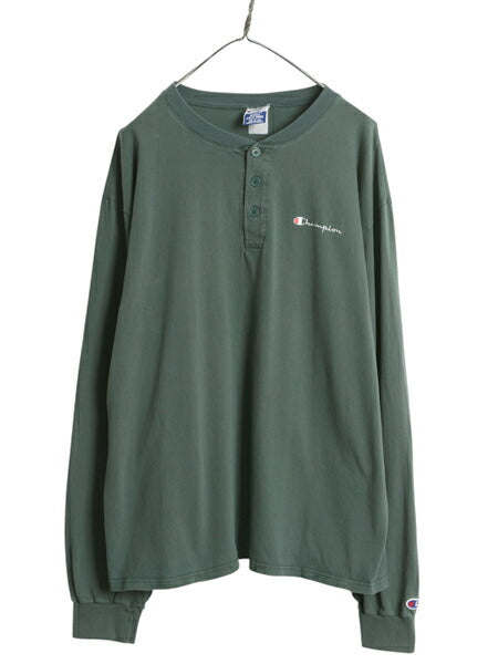 90s USA製 チャンピオン ヘンリーネック 長袖 Tシャツ メンズ XL / オールド ロンT アンダーシャツ ロングスリーブ スクリプト ロゴ 目付き