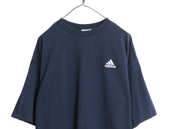 00s アディダス ワンポイント ロゴ 刺繍 半袖 Tシャツ メンズ XL オールド ヘビーウェイト コットン カットソー 大きいサイズ シンプル 紺