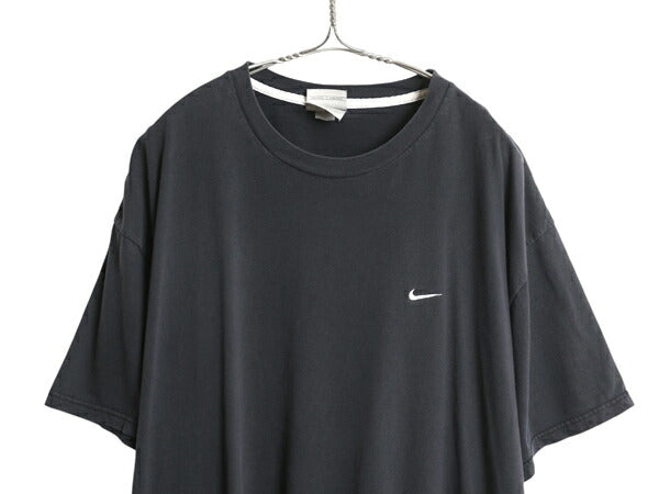00s ナイキ スウッシュ 刺繍 半袖 Tシャツ メンズ XXL オールド ヘビーウェイト コットン ワンポイント カットソー 大きいサイズ ブラック