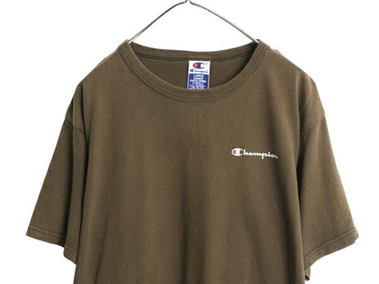 90s チャンピオン 半袖 Tシャツ メンズ L オールド 100% コットン ヘビーウェイト ワンポイント スクリプト ロゴ シンプル カーキ ブラウン