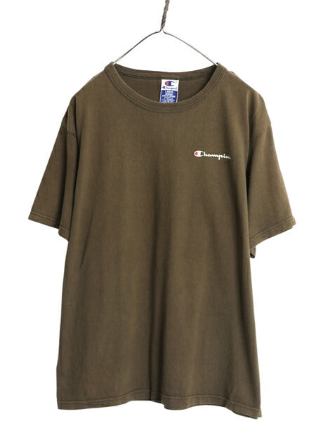90s チャンピオン 半袖 Tシャツ メンズ L オールド 100% コットン ヘビーウェイト ワンポイント スクリプト ロゴ シンプル カーキ ブラウン
