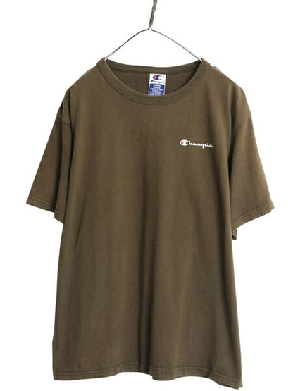 90s チャンピオン 半袖 Tシャツ メンズ L オールド 100% コットン ヘビーウェイト ワンポイント スクリプト ロゴ シンプル カーキ ブラウン