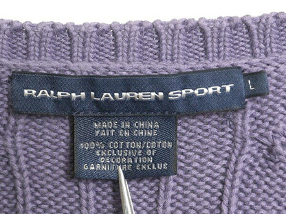ラルフローレン コットン ケーブル ニット セーター レディース L / ポロ スポーツ 長袖ニット Vネック ワンポイント シンプル きれいめ 紫