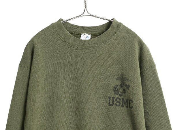 USA製 米軍実物 USMC プリント スウェット メンズ M 12年製 マリンコープ 海兵隊 ミリタリー 軍物 トレーナー 裏起毛 ワンポイント カーキ