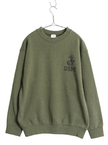USA製 米軍実物 USMC プリント スウェット メンズ M 12年製 マリンコープ 海兵隊 ミリタリー 軍物 トレーナー 裏起毛 ワンポイント カーキ