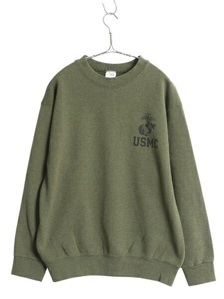 USA製 米軍実物 USMC プリント スウェット メンズ M 12年製 マリンコープ 海兵隊 ミリタリー 軍物 トレーナー 裏起毛 ワンポイント カーキ