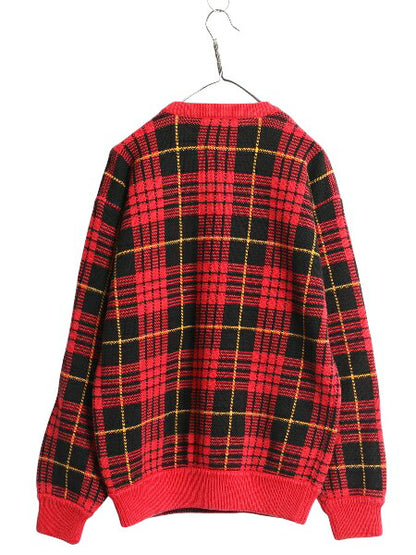 90s トミーヒルフィガー チェック コットン ニット セーター メンズ L 古着 オールド 長袖ニット 前V ワンポイント トップス マルチカラー