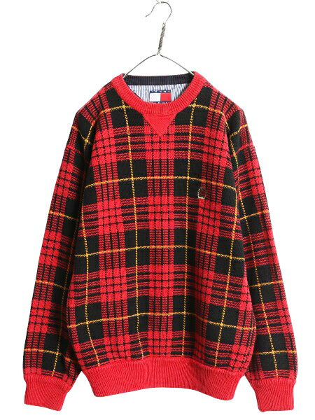 90s トミーヒルフィガー チェック コットン ニット セーター メンズ L 古着 オールド 長袖ニット 前V ワンポイント トップス マルチカラー