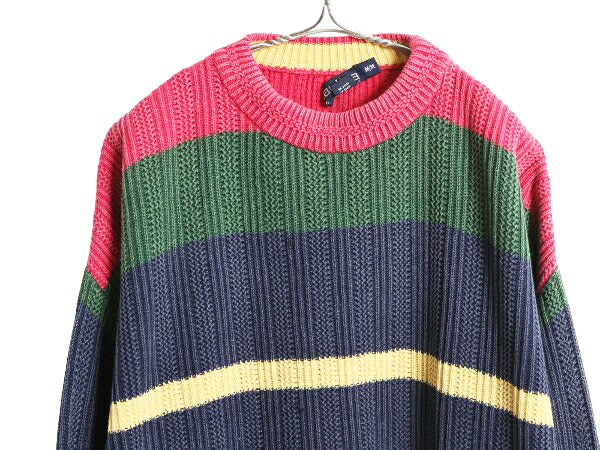 90s USA製 ノーティカ ボーダー コットン ニット セーター メンズ レディース M 古着 オールド リブ編み チャンキー マルチカラー ゆったり