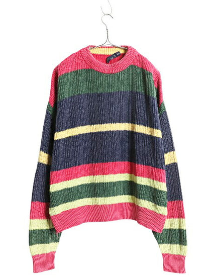 90s USA製 ノーティカ ボーダー コットン ニット セーター メンズ レディース M 古着 オールド リブ編み チャンキー マルチカラー ゆったり