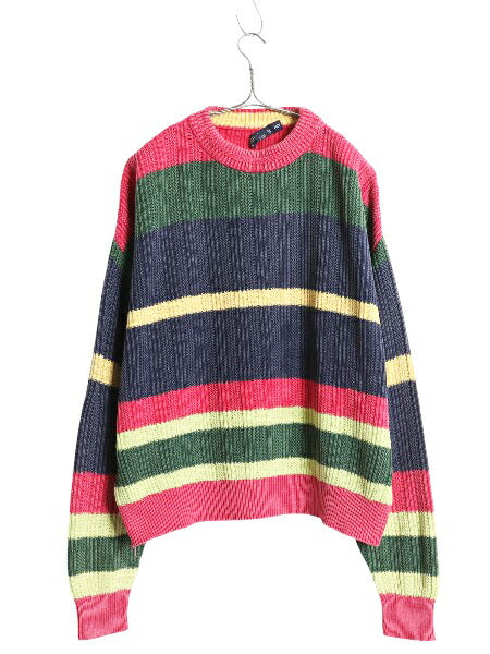 90s USA製 ノーティカ ボーダー コットン ニット セーター メンズ レディース M 古着 オールド リブ編み チャンキー マルチカラー ゆったり