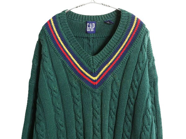 90s オールド ギャップ チルデン ケーブル ニット セーター メンズ XL / 紺タグ Vネック ヘビーウェイト コットン シンプル 大きいサイズ