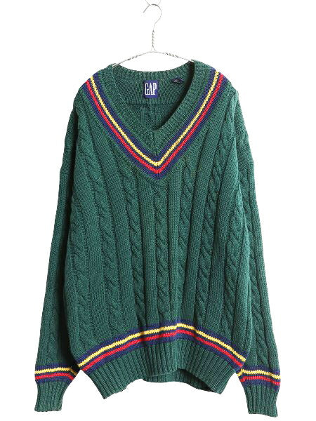90s オールド ギャップ チルデン ケーブル ニット セーター メンズ XL / 紺タグ Vネック ヘビーウェイト コットン シンプル 大きいサイズ