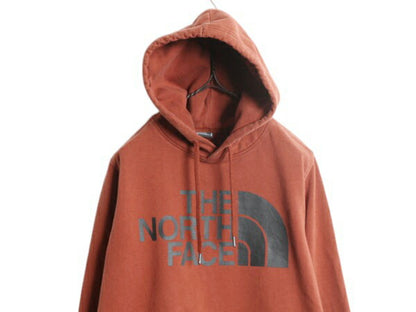 ノースフェイス プリント スウェット フード パーカー メンズ M 古着 The North Face プルオーバー 裏起毛 トレーナー アウトドア レンガ色