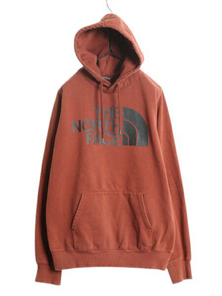 ノースフェイス プリント スウェット フード パーカー メンズ M 古着 The North Face プルオーバー 裏起毛 トレーナー アウトドア レンガ色