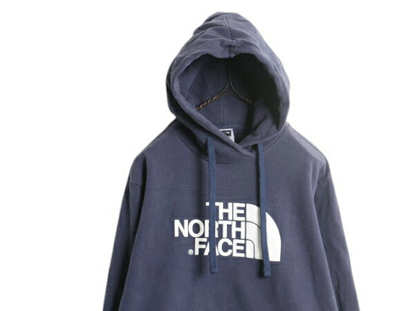 US企画 ノースフェイス プリント スウェット フード パーカー メンズ L 古着 The North Face プルオーバー トレーナー アウトドア ネイビー