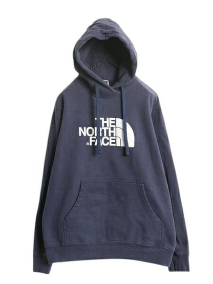 US企画 ノースフェイス プリント スウェット フード パーカー メンズ L 古着 The North Face プルオーバー トレーナー アウトドア ネイビー